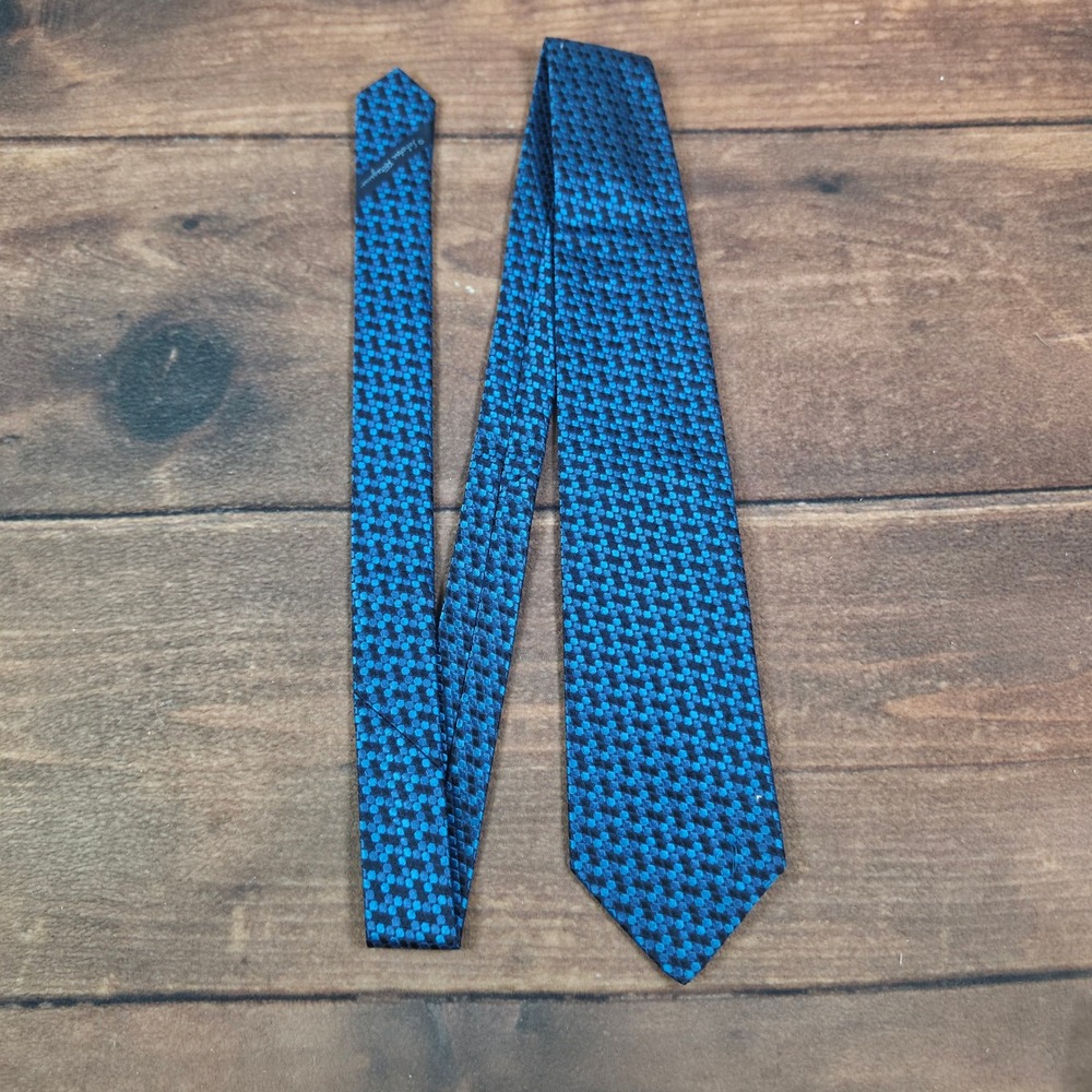 Salvatore Ferragamo Silk Tie Mens OS Blue Good Geometric Honeycomb Made in Italy